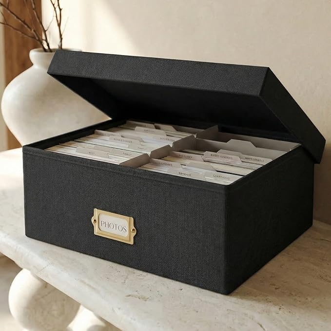 Decorative Photo Storage Box - Sturdy Linen Organizer Holds 1700 Photos | Organizer with Dividers Stores Up to 1700 4x6 Pictures - Portable Scrapbook Storage Containers with Lid by ZICOTO