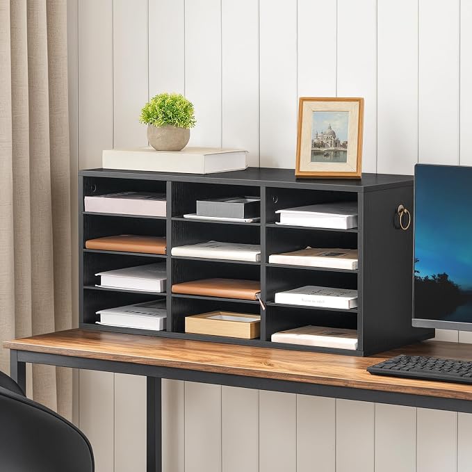 HOOBRO Countertop Mail Sorter, Wooden Literature Organizer, Student Mailbox for Classroom, Desktop Organizer for Office Home School, 12 Compartments Black BK43WF01 - Image 2