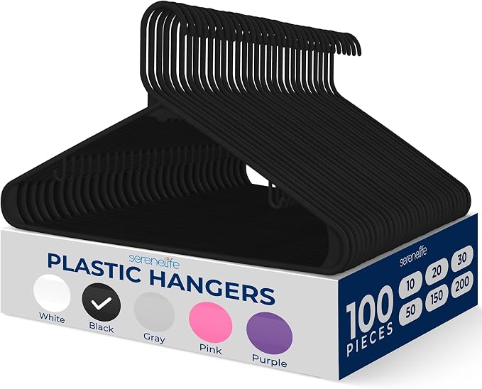 SereneLife 100-Pack Black Plastic Hangers – Ultra Lightweight Non-Slip Slim Clothes Hanger Set for Shirts, Pants, Coats & Dresses – Heavy Duty Space Saving Closet Organizer by SereneLife