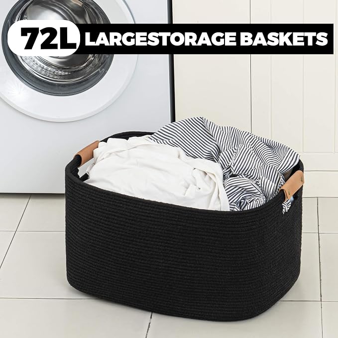 Large Blankets for Living Room, 72 L Woven Cotton Rope Baskets for Storage, Organizing Kids Toys & Dog Toys, Large Basket Organizer for Nursery, Bedroom, Bathroom, 22’’*17’’*11.8’’ Black - Image 4