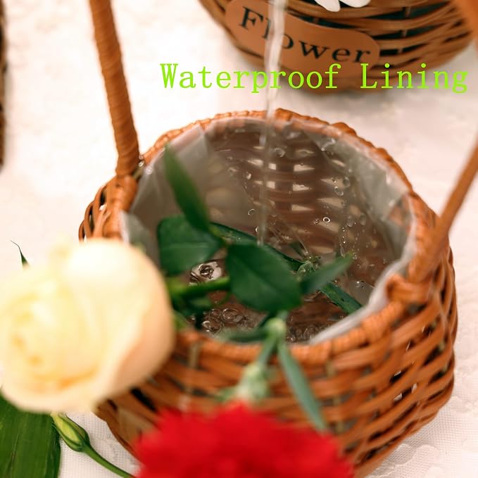 Set of 4 Flower Basket with Handle, QENUIITEA Imitation Rattan Woven Picnic Basket with Plastic Waterproof Lining, Flower Girl Baskets for Wedding Valentine's Day, Storage Basket for Home Decor - Image 6