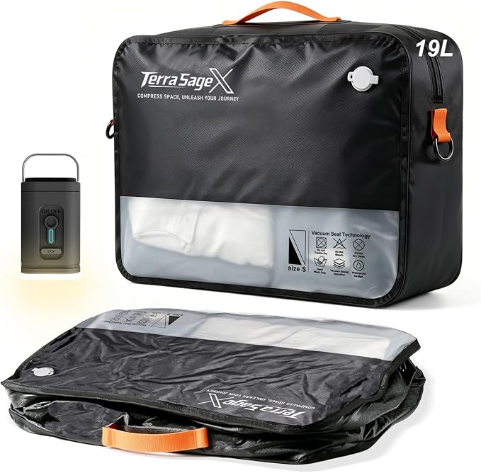 Travel Vacuum Bags with Pump, Space Saver Compression Storage Bags for Luggage & Suitcase, Clear Viewing Window, Reusable Vacuum Seal Bags for Clothes, Bedding & Travel (19L, 1 Pack) by TerraSageX