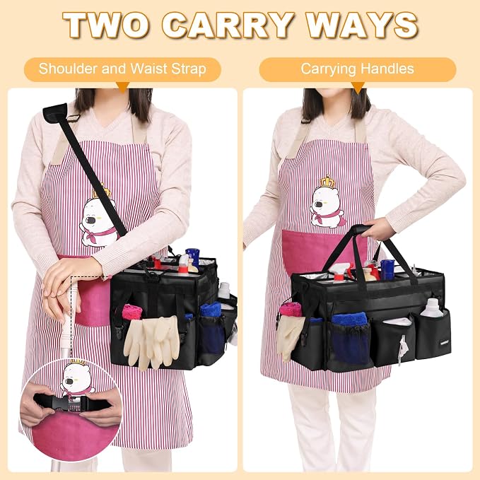 Extra Large Cleaning Caddy Bag with Built-In Support Board, Cleaning Tote Organizer with Removable Divider, Supply Carryall with Adjustable Shoulder Strap and Waist Belt for Cleaners & Housekeeper - Image 4