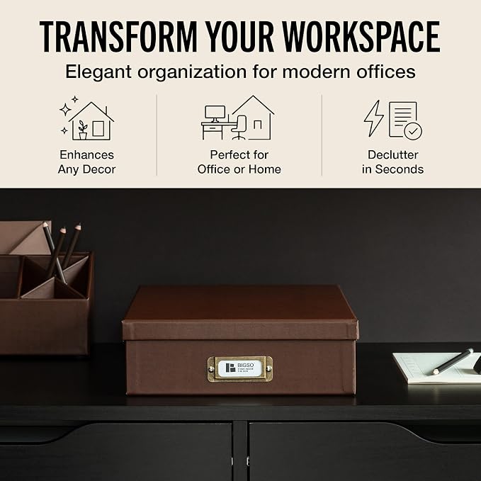 Bigso Oskar Fiberboard Document Storage Box with Lid for A4 and Letter Size Papers - Stylish, Sturdy, and Stackable Keepsake Box with Label Holder - W10.2in x D13.8in x H3.3in - Recycled Leather - Image 2