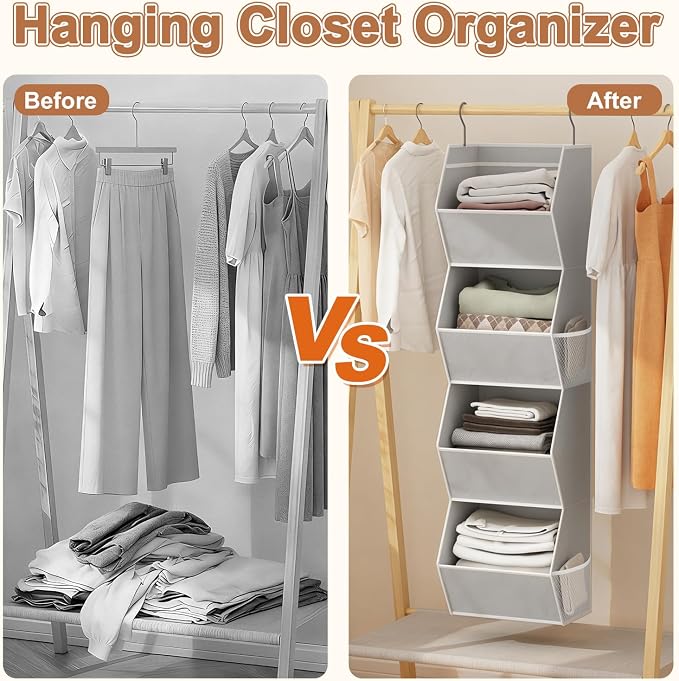 Wawocs 4 Shelf Hanging Closet Organizers and Storage for Kids 2 Packs, Grey | Hanging Shelves for Closet Organization, Hanging Closet Storage for Wardrobe Organizer, Closet Hanging Organizer for Bedroom - Image 6