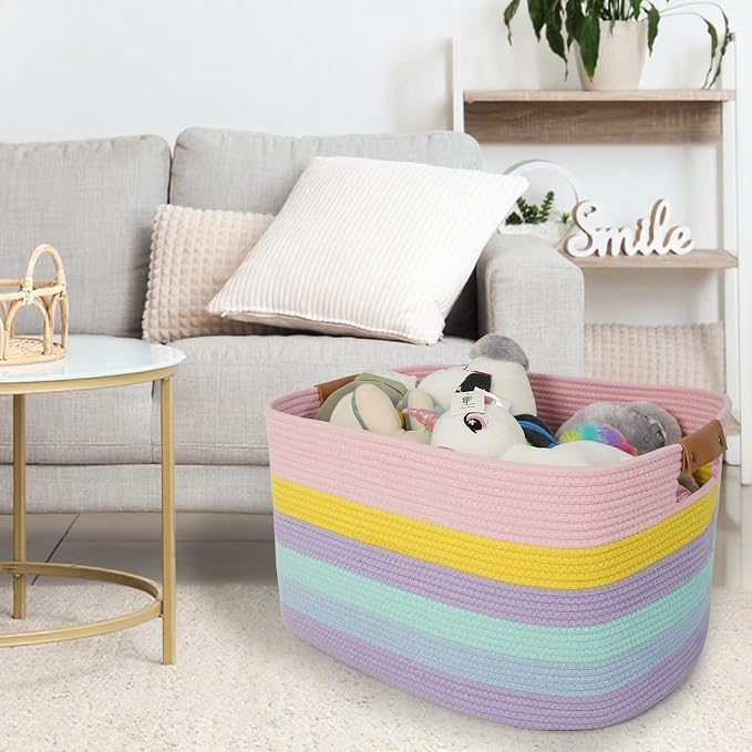 Large Laundry Basket, 108L Rectangle Woven Baskets for Storage for Living Room, Laundry, Nursery, Pillows, Baby Toy chest, Blanket Storage with Leather Handle, 25’’*16’’*16’’ Rainbow - Image 3