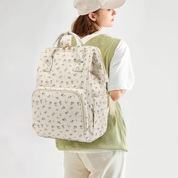 Corduroy Diaper Bag Backpack for Baby Girls Boys, Women Large Nappy Bags for Mom (Beige Corduroy Floral Purple) - Image 2