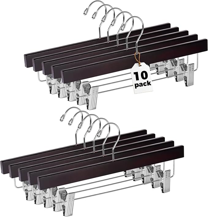 Quality Hangers Wooden Pants Hangers - 10-Pack Swivel Hook Cloth Hanger Set - Lotus Wood Skirt, Pant, Shorts and Slack Hangers with Adjustable Clip – Mahogany Clothing Hanger (Mahogany, 10) by QualityHangers