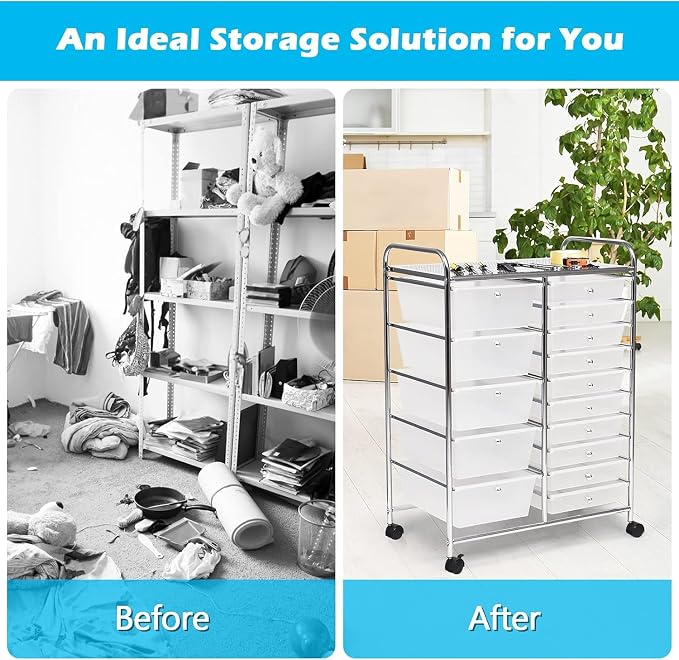 15 Drawer Rolling Storage Cart, Rolling Cart with Drawers for Classroom, Art Supply Craft Organizer on Wheel with Metal Frame & Handles for Home Office School - Image 4