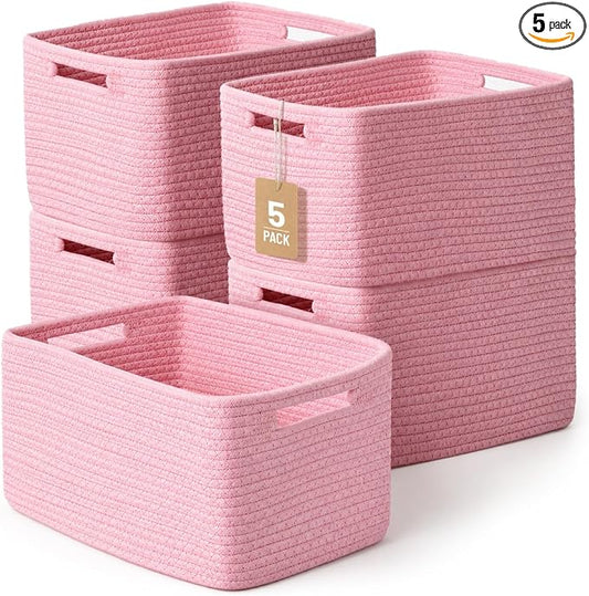 5 Pack Woven Storage Baskets, Decorative Storage Bins for Organizing | 13.8'' × 9.8'' × 7.9'', Cute Cotton Rope Basket Organizer for Closet, Shelves, bathroom, Nursery, Toys, Books, Pantry, Pink by YILOBI