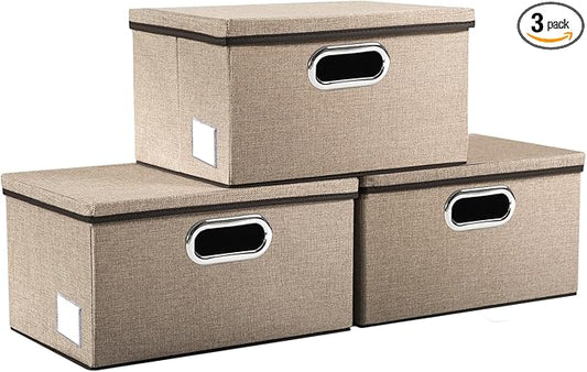 Storage Bins with Lids [3-Pack] Jute Fabric Foldable Storage Boxes Organizer Containers Baskets Cube with Cover for Home Bedroom Closet Office Nursery khaki（11.4X8.6X6.7 by Prandom