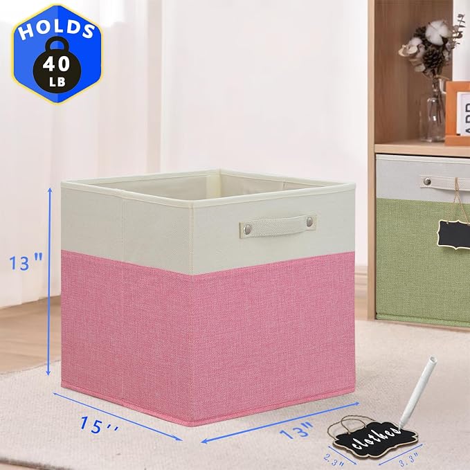 Storage Cubes,13 x 15 x 13 storage cubes,Foldable Fabric Storage Cubes with Labels 4 Pack,Linen Cube Storage Organizer Bins Kallax Storage Cubes for Organizing Shelves Cabinet(White pink). - Image 2
