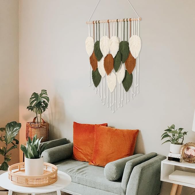 Macrame Wall Hanging Boho Woven Tapestry Chic Home Decor Modern Wall Art | KHOYIME Bohemian Handmade Leaf Feather Decorations for Apartment Dorm Living Room Bedroom Nursery Backdrop 23.6" W X 29.5" L - Image 5