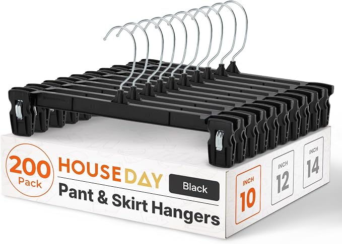 HOUSE DAY Black Pants Hangers with Clips 200 Pack, 10 Inch Skirt Hangers | Non-slip clips hold folded pants, skirts and kids' clothes; 360° swivel hook and compact design fit dorms and small closets by HOUSEDAY