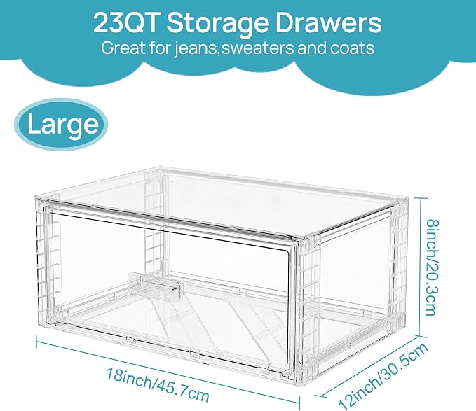 Vtopmart 4 Pack Large Clear Stackable Storage Drawers 23QT | Easily Assemble Plastic Closet Storage Bins, Dust-Proof UnderBed Organizer for Clothing, Sweater Organization - Image 3
