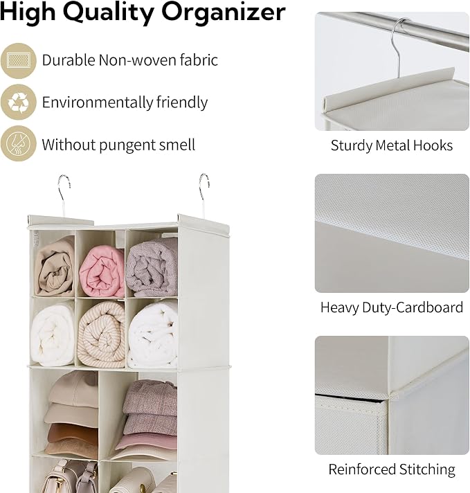 GRANNY SAYS Hanging Closet Organizer, 3 Drawers, 6 Shelves, Beige | Hanging Closet Organizer with 3 Different Drawer Designs, 6 Shelves & Reinforced Structure for Organized Small Spaces - Image 6