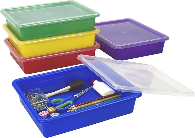 Storex Letter Size Flat Storage Tray – Organizer Bin with Non-Snap Lid for Classroom, Office and Home, Assorted Colors, Pack of 5 (62534U05C) by Storex