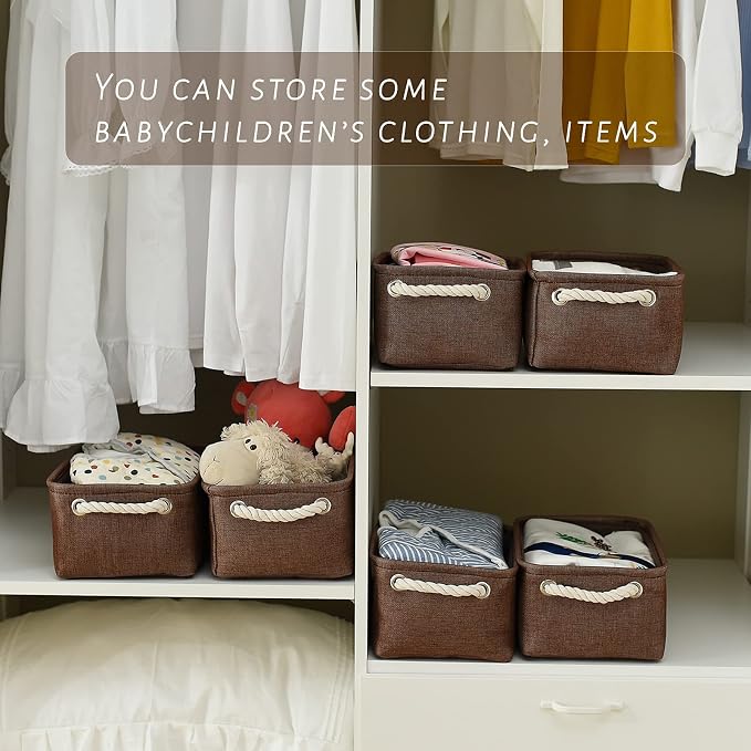 Storage Basket for Organizing - 12x8x5 inch Small 6 Pack Collapsible Storage Bin for Shelves with Handles, Canves Storage Box for Cloth Closet Organizer Gift Toy (Brown) - Image 2