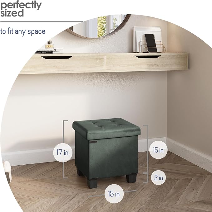 Storage Ottoman Cube with Small Bin, 15-in Square Ottoman with Storage for Living Room and Bedroom, Small Ottomans Foot Rest, Leather Foot Stools Ottomans Max 330lbs, Green - Image 8