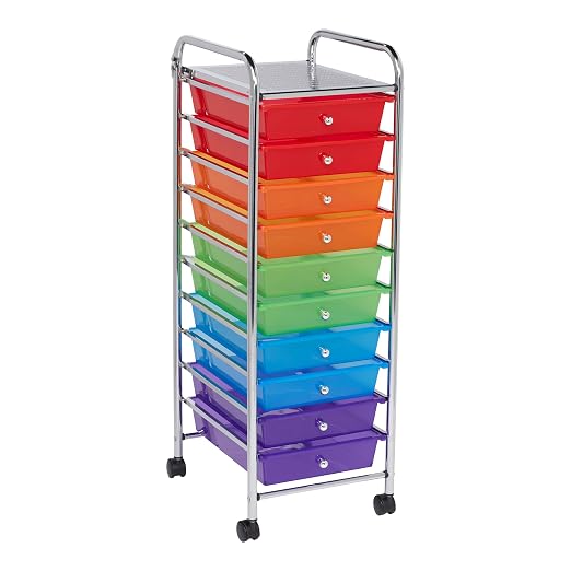 ECR4Kids 10-Drawer Everyday Mobile Storage Utility Cart, Assorted | Durable plastic bins, steel frame, GREENGUARD Gold Certified, 50 lb capacity, rolling casters, craft supplies, office, home by ECR4Kids