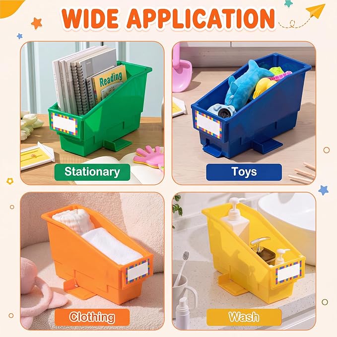 Geetery 12 Pack Non-Tip Book Bins with Stabilizer Wings Multicolor Plastic Storage Organizers Color Code Organization for Home Office Desktop Library Shelves Document Magazine File Holder (Rainbow) - Image 6