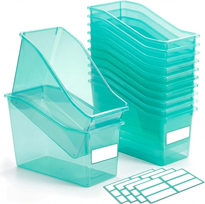 Geetery 24 Pcs Book Bin for Classroom with Labels Stackable Plastic Organizing Bins 11.5 x 5.4 x 7.5 in Book Holders Storage Bins Box Baskets for Classroom Library Home (Blue-Green) by Geetery