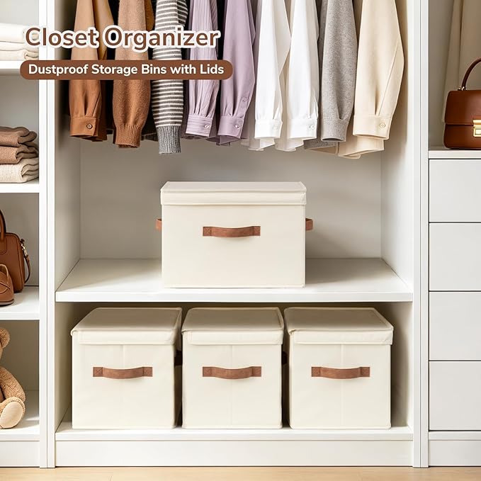 CHICVITA 4-Pack Medium Fabric Storage Baskets with Lids for Shelves,Ivory | 15" x 9.8" x 10.2" Closet Storage Bins with Durable Support Plate, Toy Storage with Handles for Playroom - Image 2