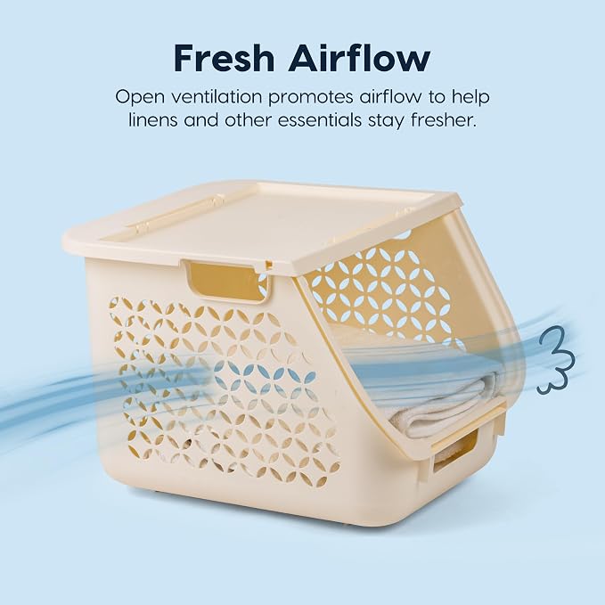 IRIS USA Laundry Basket Hamper, 40L - 3 Pack, Sorter Bin with Lids, White | Stackable, Open Front, Built-In Handles, Ventilation, - Image 3