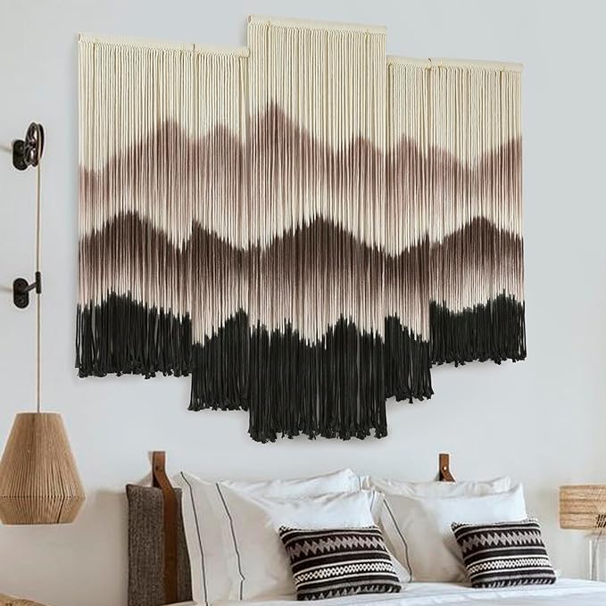 5Pcs Set Macrame Wall Hanging Mountain Art Brown Dip Dyed Boho Wall Decor | Cotton Rope Craft, Mountain Wall Art, 5 Piece Set, Ready To Hang, Wedding Backdrop Decor - Image 3