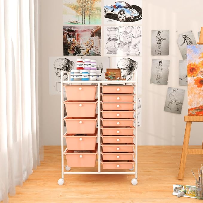 DREAMADE Rolling Cart with 15 Drawers, Rolling Drawer Organizer Cart w/Lockable Wheels, Removable & 2-Sized Storage Drawers, Art Cart for School Home Art Supplies Crafts File Scrapbook - Image 8