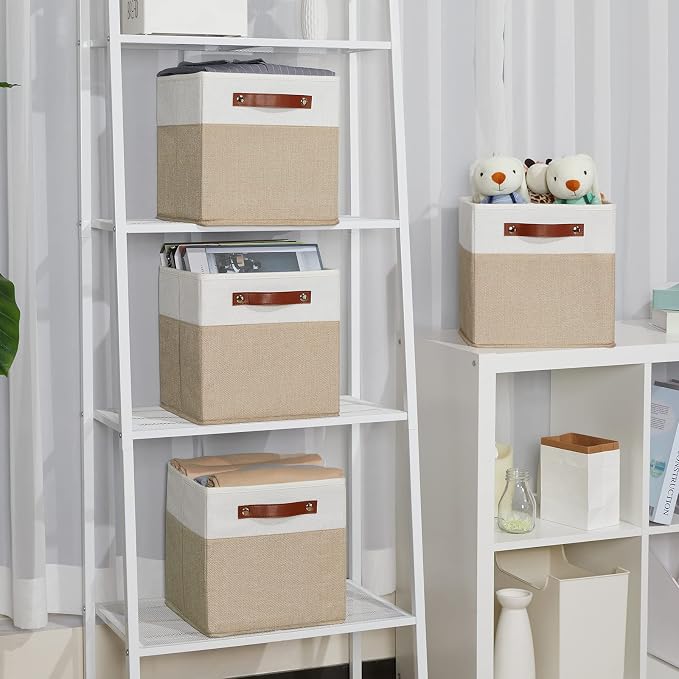Temary Fabric Storage Cubes Bins, 11 inch Cube Storage Baskets, Foldable Cube Bins Set with Handles, Decorative Storage Boxes for Home Organizing (White & Khaki, 11 x 11 x 11) - Image 5