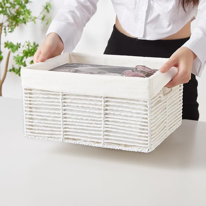 Wicker Storage Basket, 6 Pack Baskets for Organizing, Wicker Baskets with Handle, Rectangular Wicke Basket for Storage Shelves, Cube Storage Bins for Closet/Clothes/Dresser, White - Image 3
