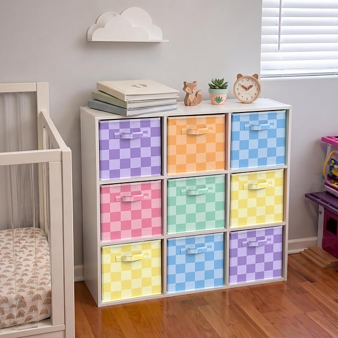 Potchen 6 Pcs Fabric Cube Storage 11'' Colorful Checked Bins,Bright Style | Collapsible Cubes with Handles for Closet Shelves Nursery, Classroom Decor, Plaid Organizer Baskets, Back to School Supplies - Image 6