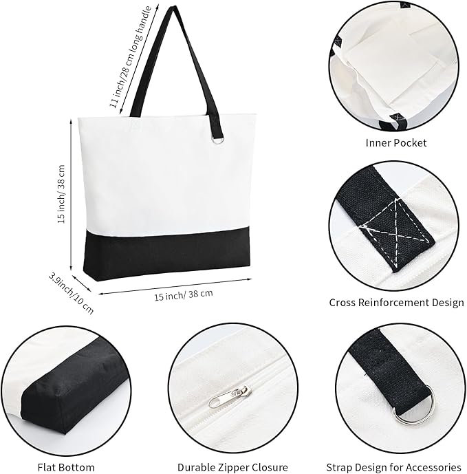 6-Pack Canvas Tote Bags with Zipper, Large Reusable Grocery Tote Bluk | Blank bags, washable, inner pocket, flat bottom, sturdy handle, for sublimation DIY/transfer, travel/beach/Christmas crafts - Image 4