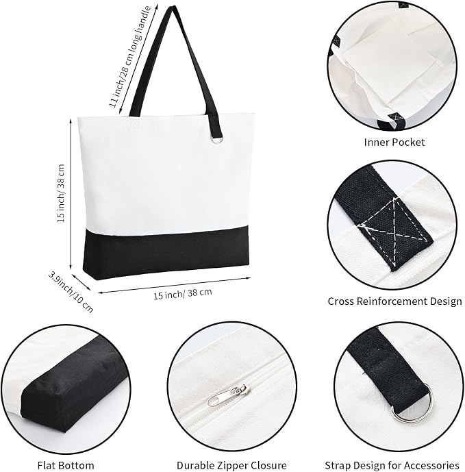 1 Pack Canvas Tote Bag with Zipper, Large Reusable Grocery Tote, Black | Blank bag, washable, inner pocket, flat bottom, sturdy handle, for sublimation DIY/transfer, travel/beach/Christmas crafts - Image 4
