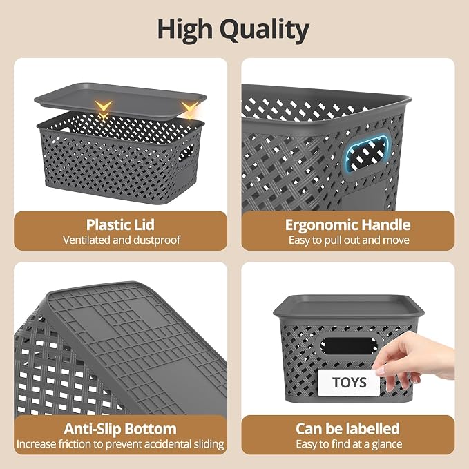 Plastic Storage Bins with Lids, Stackable Small Box Basket for Organizing and Containers for Shelves Drawers Desktop Closet Playroom Pantry Classroom Office Home, 8-pack 10.2x7.2x4.1 Inch, Gray - Image 3