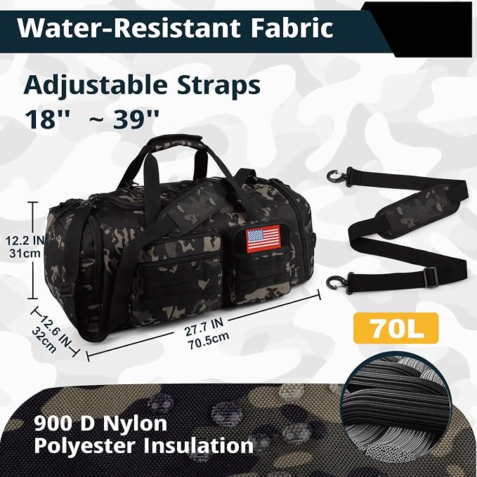 Tactical Gym Bag for Men,70L Large 3-in-1 Sports Duffle Bag for Travel Gym | Water Resistant ,Adjustable Shoulder Strap,MOLLE Weekender Overnight Bag with Shoes Compartment,Gym Backpack for Gym,Travel - Image 4