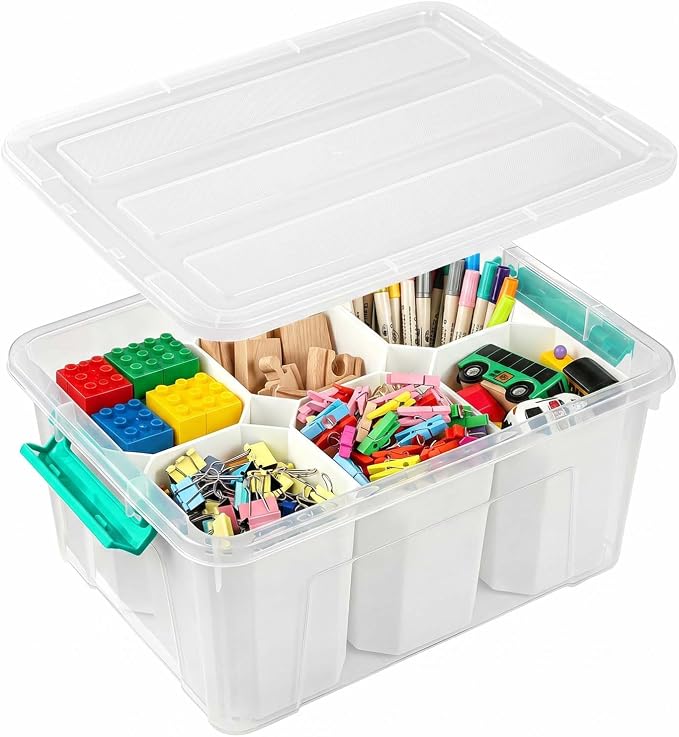 EOENVIVS Clear Storage Boxes with 6 Tall Inserts, Large Plastic Organizer Box with Lid and Handles, 15.94x11.61x7.28 Inches, Multi-Functional Container for Cosmetics, Toys, School Supplies by EasyCozyHomey