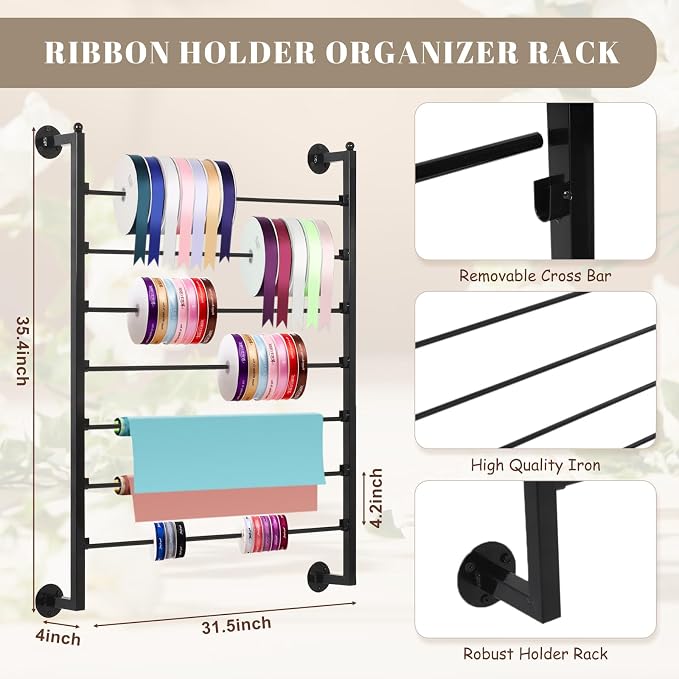 Yonynise Ribbon Storage Organizer,31.5-inch Width Wall Mounted Ribbon Holder Rack,7 Tier Large Capacity Metal Ribbon Storage for Craft Room,Flower Shop,Cake Shop,Gift Wrapping Paper,Black - Image 2
