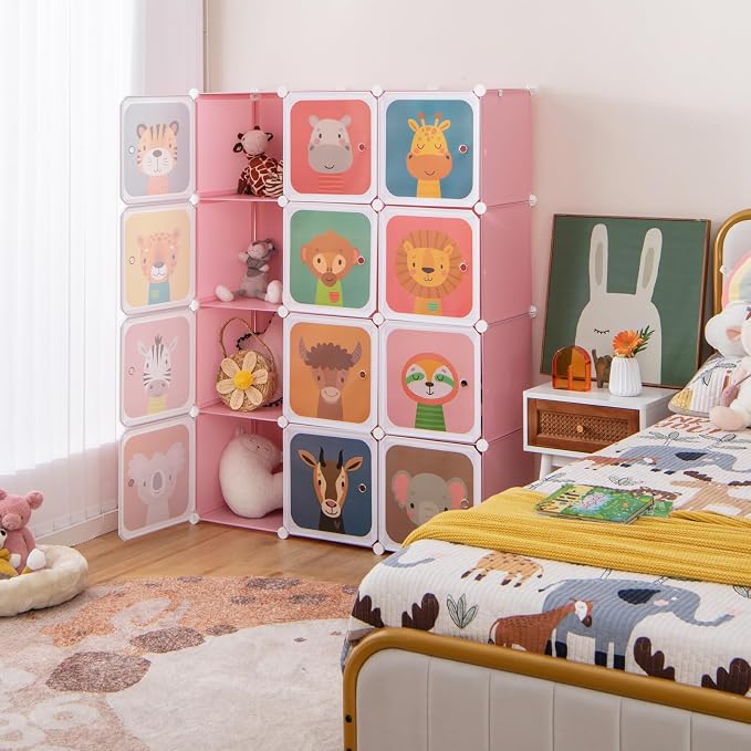 HONEY JOY Kids Wardrobe Closet, Baby Cartoon Clothes Storage Organizer, 12 Cubes & 2 Hanging Sections, Portable Children DIY Modular Bedroom Armoire Dresser Cabinet for Boys Girls (Pink) - Image 2