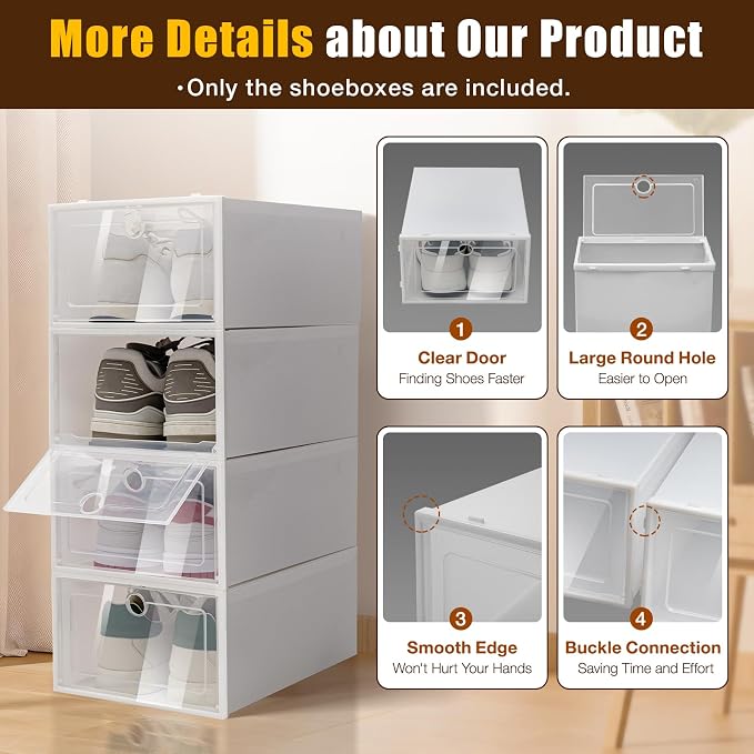 Modular Plastic Clear Shoe Storage Boxes, 24 Pack | Stackable, Ventilated, Front-Opening Door, Need Assemble, Fit up to Size 11/12, Shoe Organizer for Entryway Closet - Image 4