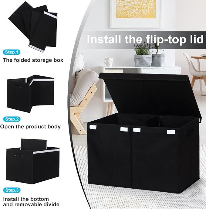 Large Toy Box Chest Storage with Flip-Top Lid, Kids Toy Storage Bin Boxes | Toy Chest with with Removable Divider for Kids, Boys, Girls, Nursery, Living Room, Bedroom, 26"x17" x17" (Linen Black) - Image 6