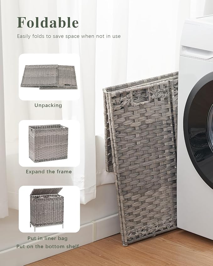 SETVSON Laundry Hamper with Lid, 35 Gal 3-Bag Clothes Sorter, Gray | Large Family Laundry Trunk with Lid, 3 Compartment Sorting Liner, 6 Wash Bags, Elevated PE Rattan Bin with Handles - Image 7