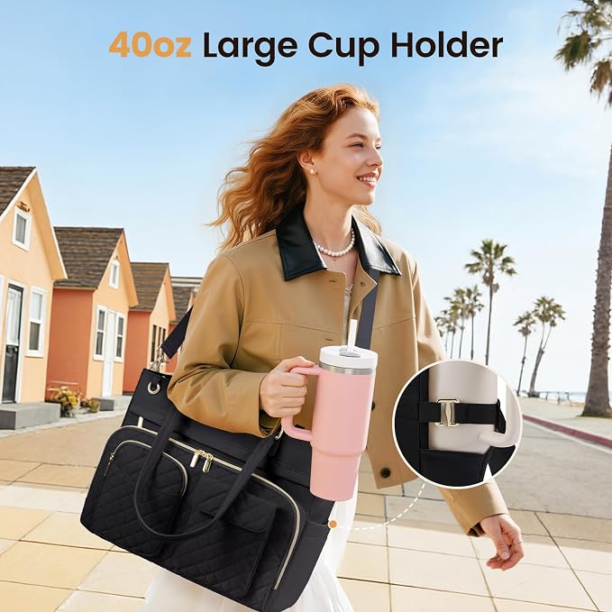 LOVEVOOK Insulated Lunch Tote Bag for Women, Work Bag for Women with Cup Holder, Large Capacity Teacher Bag with Laptop Compartment, Water Resistant Nurse Tote for Travel, College, 15.6 Inch Black - Image 4