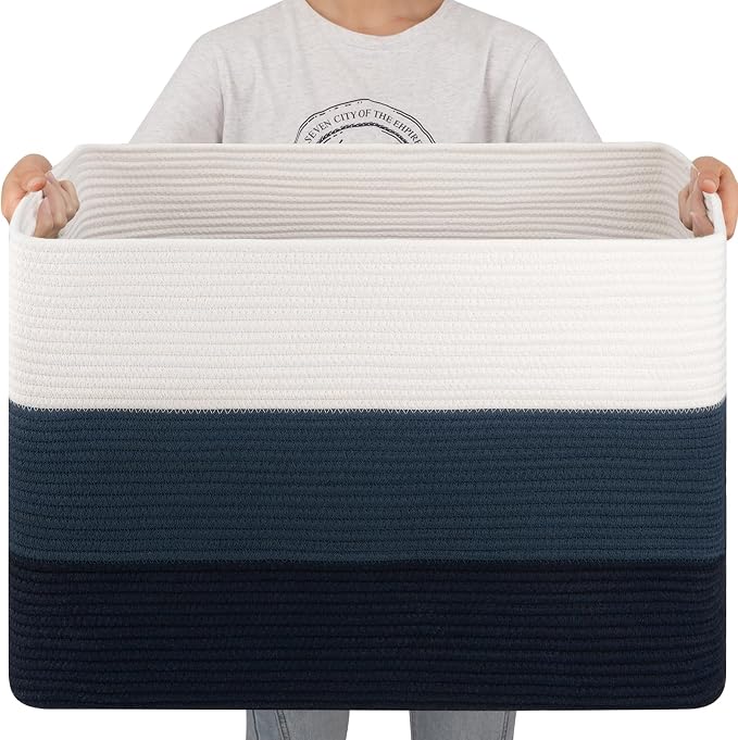 OIAHOMY 108L Extra Large Blanket Basket Dog Toy Basket Gradient Blue | Rectangle Woven Baskets for Storage Cotton Rope Basket For Living Room Toy Storage Blanket Storage Laundry Basket by MasterofSpaceOptimization