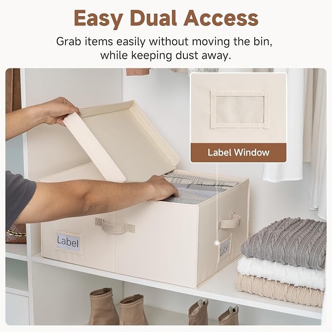 StorageWorks 55L Extra Large Fabric Storage Bins with Lid, Foldable Closet Organizer Boxes with Label and Handles, Decorative Storage Baskets for Clothing and Blankets, Cream White, 2-Pack - Image 3