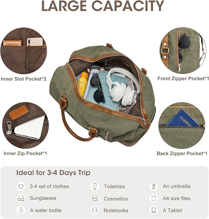 S-ZONE Weekender Bag for Men Canvas Duffle Overnight Travel Bag Army Green | Anti-wrinkle Canvas,Adjustable Shoulder Strap,1 Main Large Compartment and 7 Pockets,with Shoe Compartment - Image 6
