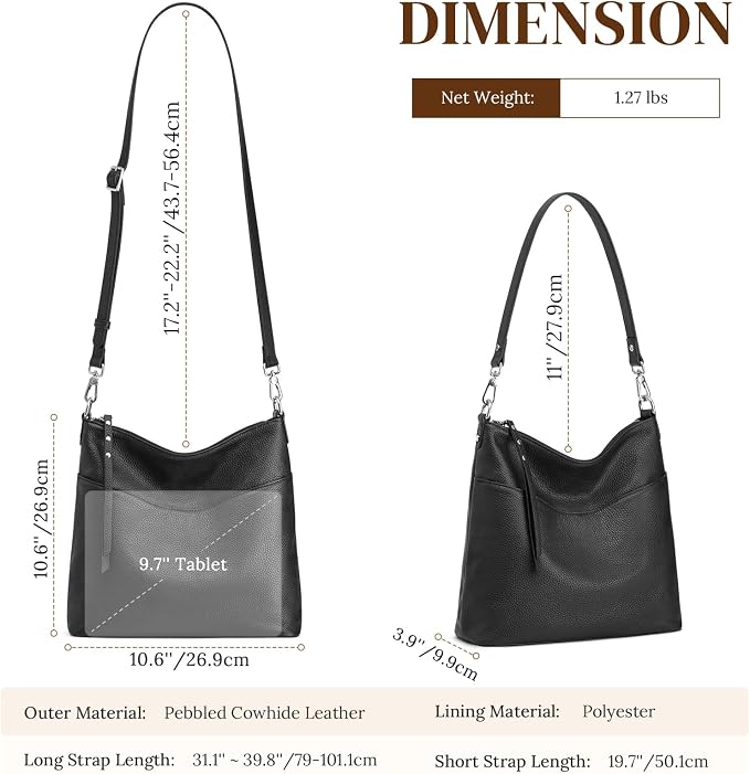 S-ZONE Leather Purses for Women Tote Shoulder Crossbody Bag 2 Straps | Top Grain Leather, Soft, Medium, Bucket Hobo Handbag, Multi Pockets, Vintage Casual, Travel Eveyday Work - Image 4