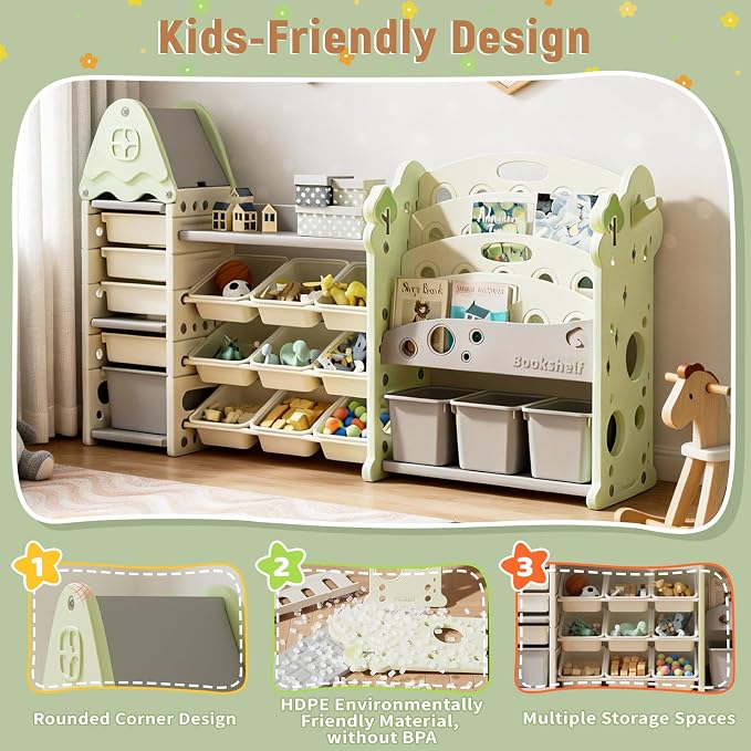 Pipleo Kids Toy Storage Organizer with 17 Removable Bins, 4-Tier Bookshelf for Kids, Multi-Purpose Castle-Shaped Toy Organizer for Playroom, Bedroom, Nursery, Living Room (Green) - Image 5