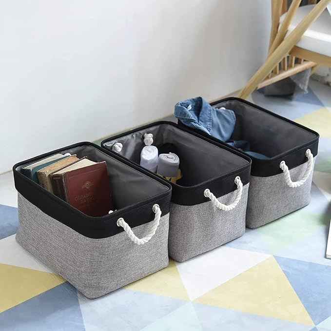 Collapsible Storage Bin for Shelves - 16x12x8 inch Large 3 Pack Storage Basket for Organizing with Rope, Fabric Storage Cubes for Organizer Toy Cloth Gift Closet (Black & Grey) - Image 3